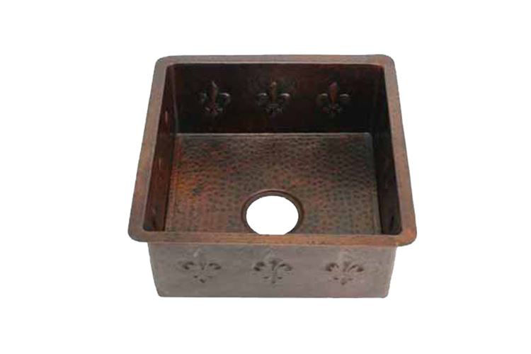 Large Square Copper Prep Sink - Fleur de Lis