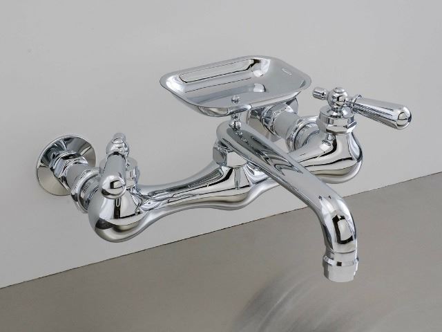 Picture of Strom Plumbing Swivel Spout Wall-Mount Kitchen Faucet with Soap Dish & Lever Handles