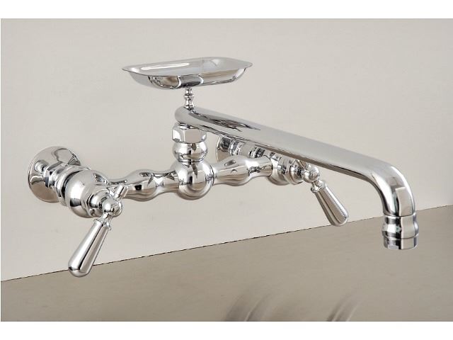 Picture of Strom Plumbing 12" Swivel Spout Wall-Mount Kitchen Faucet with Soap Dish & Lever Handles