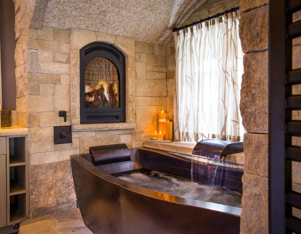 copper bathtub with fireplace insert
